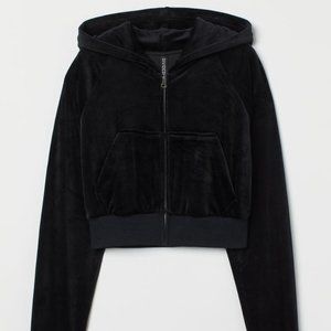 H&M Black Crop Velour Zip Hoodie | S